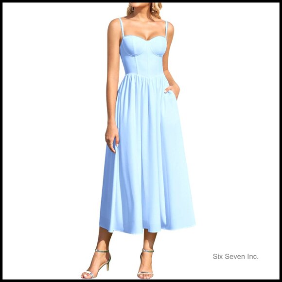 Summer Floral Corset Midi Dress Lace Spaghetti Straps A Line with Pockets